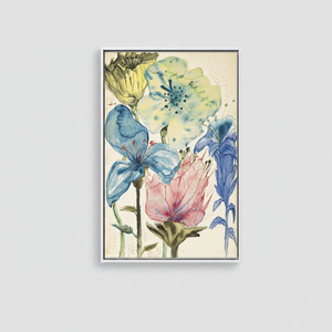 Toile imprimée de fleurs bleues et jaunes, art déco, art mural botanique, panneau encadré transparent à suspendre - Product Image 2
