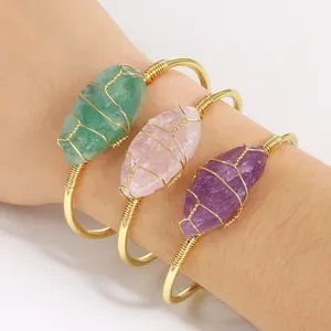 Pulseras de joyería fina de cristal Natural para mujer, brazalete abierto de plata 925 de oro indio