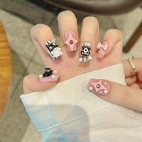 Faux ongles courts à presser, motif cœur de démon mignon et effrayant, Halloween, 10 pièces, noir et rose, style gothique, avec adhésif