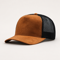 Topi Trucker 5 Panel Jaring Suede Bordir Logo Custom, Pinggiran Melengkung, Snapback, Bernapas, untuk Pria Wanita
