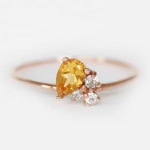 Beautiful rings for women gold plated sterling silver dainty finger ring for girls zircon healing natural citrine stone rings
