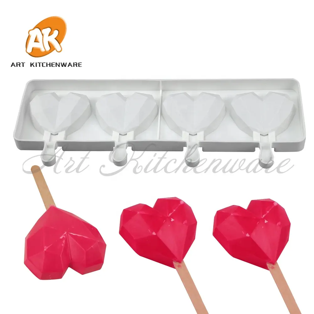 AK 4 Cavities Heart Shape Silicone Baking Tools Cake Pop Chocolate Candy Moulds Popsicle Ice Cream Molds