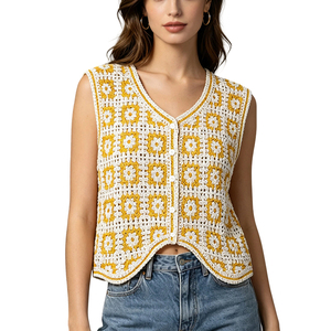 <span class=keywords><strong>Gilet</strong></span> tricoté ajouré sans manches pour femme, col en V, style décontracté d'<span class=keywords><strong>été</strong></span>, cardigan court pour l'extérieur - Product Image 1