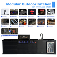 Cuisine extérieure de luxe moderne haut de gamme en acier inoxydable, design intelligent en ligne droite, barbecue double combustible, réfrigérateur, évier pliable