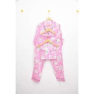Ensemble de pyjama de mariée en satin de coton, taille élastique, décontracté d'automne, teint en fil, respirant, manches longues, rose, vêtements de détente - Product Image 1