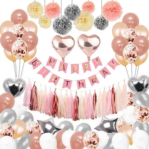 Conjunto de balões de festa de feliz aniversário, conjunto de balões rosa dourados de rosa com papel pom pom