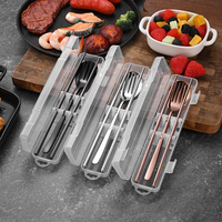 Ensemble de couverts portable en acier inoxydable 304, poli miroir argenté, style coréen, 3 pièces (fourchette, cuillère, baguettes) avec boîte, pour le camping