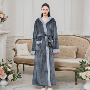 Invierno más tamaño largo con capucha polar <span class=keywords><strong>Rob</strong></span> ligero suave cálido polar Albornoz ducha Spa bata larga - Product Image 1
