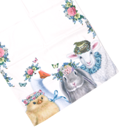Chemin de table blanc à bordure florale avec motifs lapin de Pâques, poussin et canard pour brunch printanier, décoration de table, vente au détail et en gros