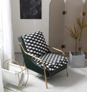 Fauteuil individuel en velours vert foncé avec tissu à carreaux noir et blanc, fauteuil de salon, chaise de salon avec rembourrage en mousse souple - Product Image 2