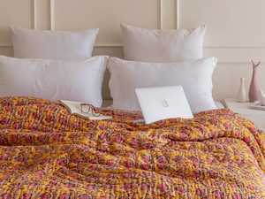 Indian Hand Block Print Amber Yellow Cotton Quilt Floral Bedspread Queen Size <b>Comforter</b> Summer Blanket - Product Image 3