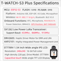 Montre intelligente LILYGO T-WATCH-S3 Plus ESP32-S3 avec carte de développement, LoRa, GPS, écran tactile IPS LCD de 1,54 pouces, batterie de 940 mAh