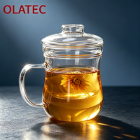 OLATEC Taza Teera De Vidrio Premium, tasse à thé en verre transparent à parois épaisses avec couvercle infuseur pour un usage quotidien à la maison, tasses à thé en verre avec poignée