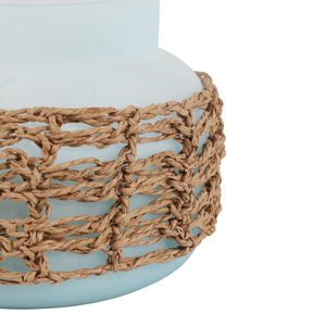 Candela in barattolo di vetro con coperchio in legno e rivestimento in tessuto decorativo per uso domestico interno - Product Image 6