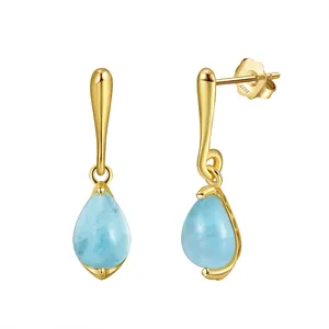 RINNTIN GME27 New Arrivals 925 Sterling Silver Genuine Natural Aquamarine 14K Gold Plated Drop Earrings for Women