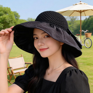 Sombrero de Sol para Mujer, Estilo Vacaciones en la Playa, Ala Ancha, Transpirable, Diseño Calado con Lazo, Protección Solar - Product Image 1