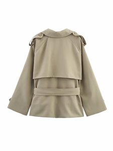 Manteau <span class=keywords><strong>trench</strong></span> <span class=keywords><strong>court</strong></span> pour <span class=keywords><strong>femme</strong></span>, style vintage, ample, décontracté, à col, manches longues, à nouer devant, à double boutonnage, pour la saison printanière - Product Image 2