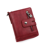 Dompet pria Retro 2 lipat vertikal, dompet kulit asli multifungsi, kancing dekorasi rantai buatan tangan lembut RFID gesper ritsleting