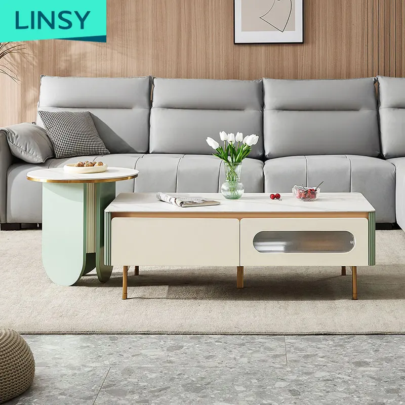 Linsy High Quality Marble Top Center Table Luxury Living Room Furniture Wooden Center Table Design Pg1L