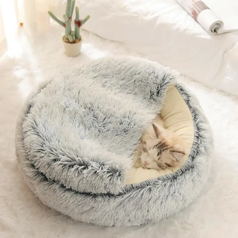 冬の長いぬいぐるみ猫ベッドラウンドクッションハウス2in1暖かい猫バスケットスリープバッグ小さなペットベッドのための猫の巣の犬小屋