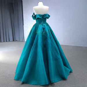 Robe de bal de luxe turquoise à bretelles fines, broderie de perles brillantes, modèle Rsm241002-4 - Product Image 4