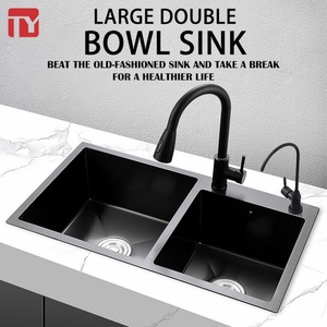 Grand évier double moderne fait main en acier inoxydable brossé nano 3-5mm, écologique, avec système d'évacuation inodore pour cuisine - Product Image 1
