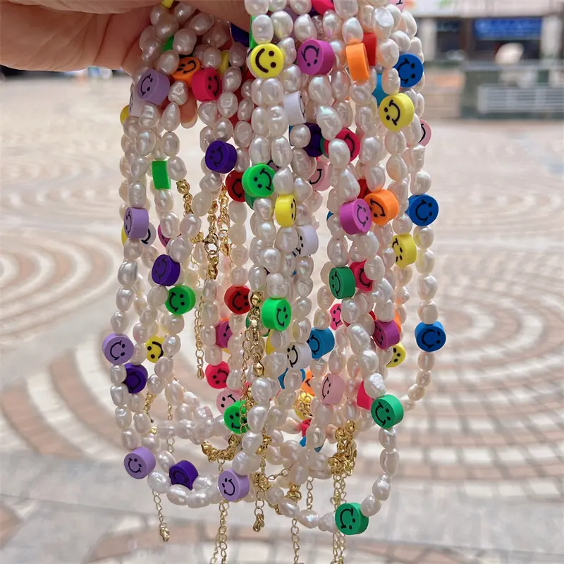 DIY Ajustável Étnica Bohemian Beach Jóias Mulheres Elegante Freshwater Pearl Colorido Smiley Face Necklace