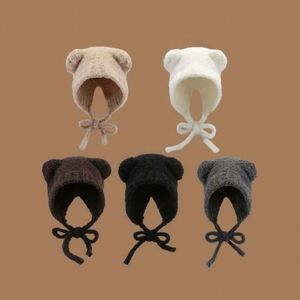 Wholesale Winter <b>Bear</b> Plush Benaie Hat Female Cartoon <b>Cute</b> Warm Knitted Ear Cap Common Fabric Outdoor Travel Polyester/Cotton - Product Image 1