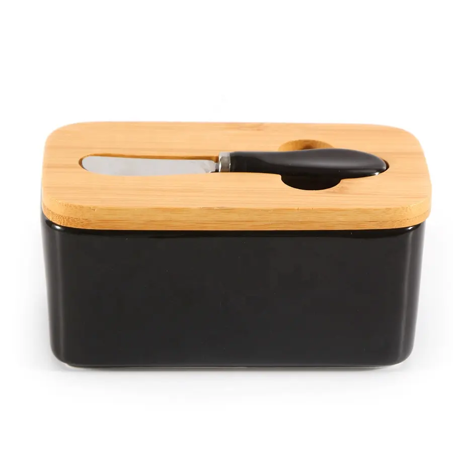 Wholesale Factory Ceramic Butter Dish Air Tight Butter Box Container with Knife Holder and Bamboo Wood Lid