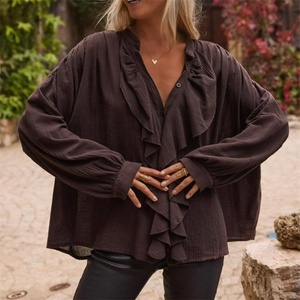 Nuevo Diseño, Precio Bajo, Blusas de Otoño para Mujer, Casuales, Simples, de Manga Larga, Cuello en V, con Volantes, de Lino y Algodón, OOTD - Product Image 3