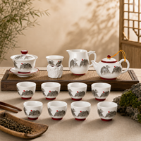Service à thé en porcelaine chinoise paysagère 13 pièces, comprenant une théière Gaiwan, une carafe de distribution et 8 tasses, motif Montagne en peinture à l'encre, coffret cadeau