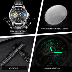Reloj Mecánico Automático LIGE para Hombre, Cristal de Zafiro, 42 mm, Cronógrafo, Correa de Cuero Plateada y Negra, Fase Lunar, Tourbillon - Product Image 4