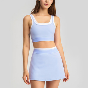 Ensemble 2 pièces de tenues de yoga effet seconde peau pour femmes YY 2026 – Séchage rapide, color block, jupe de tennis dos nu pour la course à pied - Product Image 4