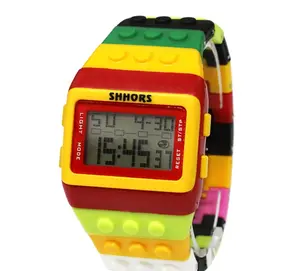 Students Colourful Rainbow Building Blocks Waterproof Alarm Week Date Multi-Function Digital Electronic Watches Black