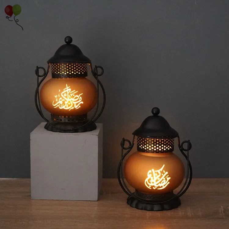 Muslim Festival Party Ramadan Led Iron Glass Lanterns Eid Ramadan Lanterns for Ramadan Eid Home Party Decorations H0063
