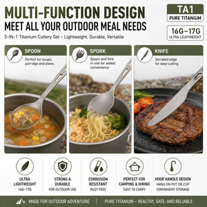 Titanium Cutlery Set Pure Titanium Spork Spoon and Knife Lightweight <b>Camping</b> Utensils with Hook Handle for Hiking Backpacking - Product Image 3