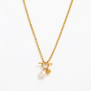 Joolim Jewelry 18K chapado en oro perla de agua dulce colgante Toggle Bead cadena collar joyería de acero inoxidable - Product Image 1