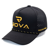 Topi Golf Custom dengan Tali, Bordir Emas Laser Cut Berlubang, Dapat Disesuaikan, Unisex, Putih Hitam, 5 Panel, Model Baseball dengan Tali
