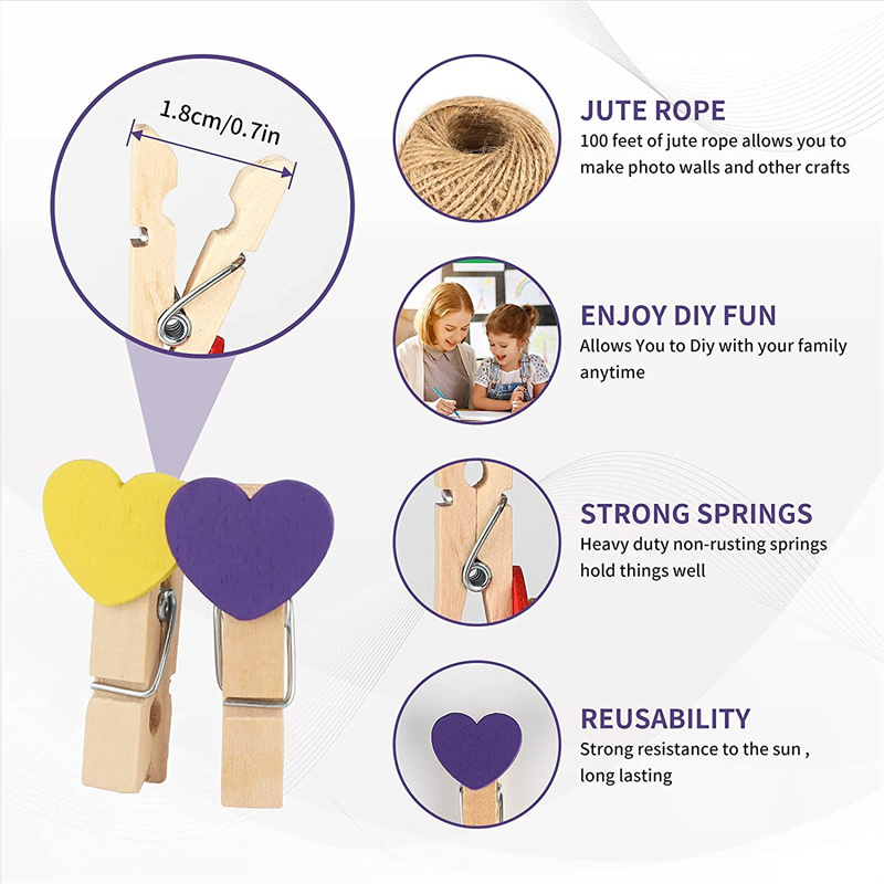 50 шт Мини красочное ожерелье в форме сердца Деревянные прищепки зажимы колышков для контроля уровня сахара в крови с 50 метров джут шпагат для DIY украшения