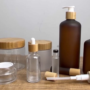 Flacon de lotion 4oz 8oz 16oz en plastique PET ambré dépoli avec bouchon disque en bambou et pompe en bambou pour cosmétiques, bain et douche - Product Image 4