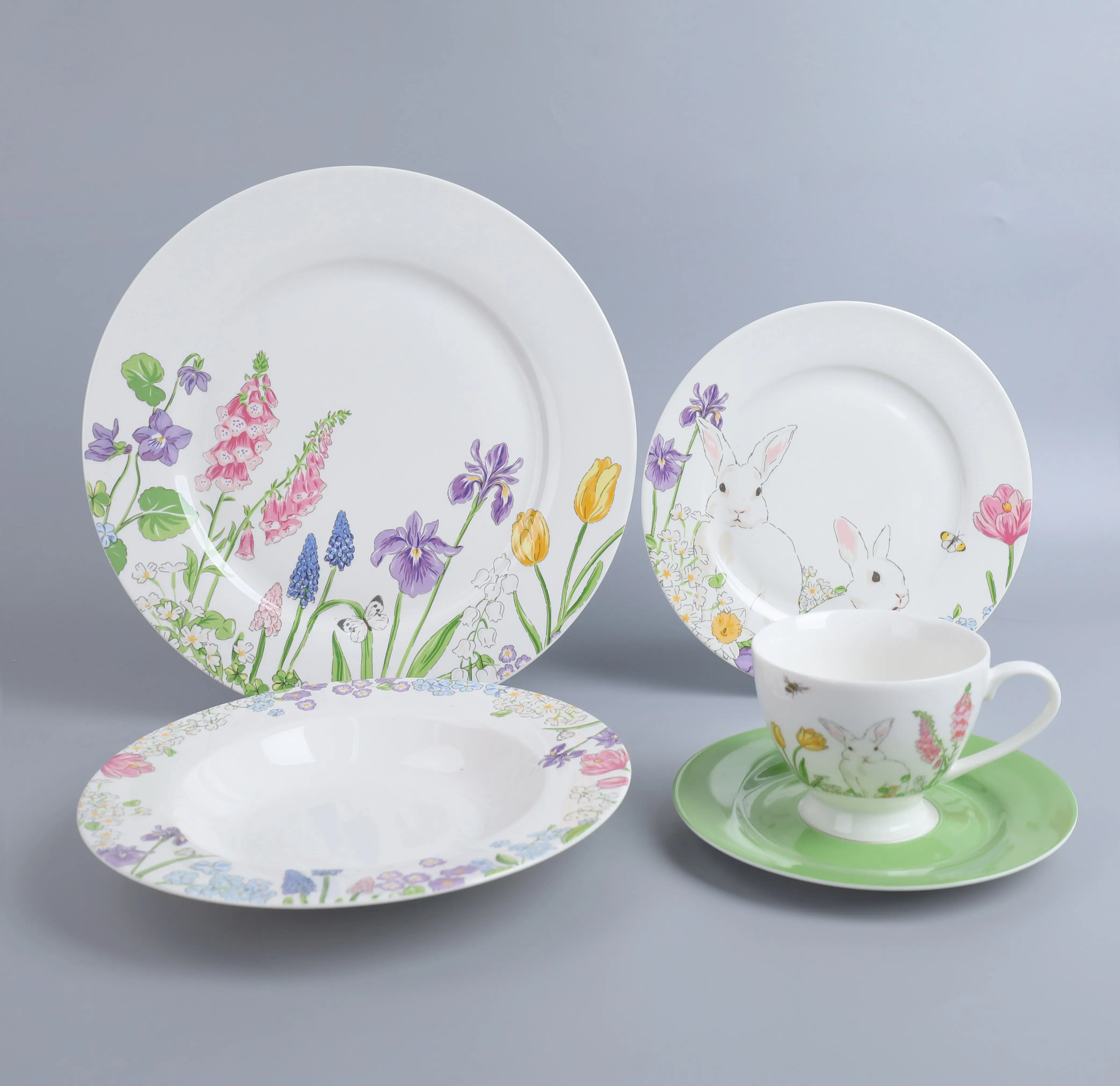 Vaisselle en Céramique Créative Dessinée à la Main en Porcelaine Design Lapin Floral, Assiette de Service, Ensemble de Vaisselle, Vente en Gros, 20 Pièces