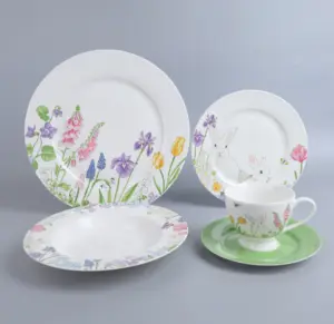 Conjunto de utensílios de mesa criativos de cerâmica desenhos à mão com coelho floral, prato de porcelana para jantar, 20 unidades por atacado