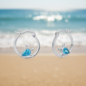 Boucles d'oreilles créoles tortue argentées avec cristaux bleus taille poire sertis clos, pour femme, motif animal mignon, à porter au quotidien - Product Image 2
