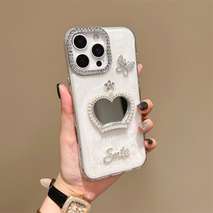 Custodia per Telefono con Cornice a Specchio Diamantata, Sfondo Bianco con Specchio Rotondo, Decorazioni con Farfalle, Lettere e Corona <span class=keywords><strong>di</strong></span> Perle - Product Image 2