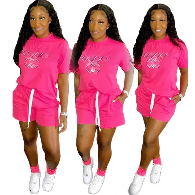 เสื้อผ้าผู้หญิงกางเกงขาสั้นแขนสั้นสีชมพูฤดูร้อนชุดสองชิ้นลำลองแบรนด์