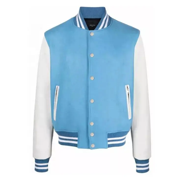 High quality fashion design custom winter wool leather sleeves teddy blue bomber jackets for men
