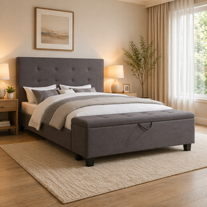 <span class=keywords><strong>Lit</strong></span> plateforme rembourré en lin gris avec repose-pieds ottoman de rangement, tête de <span class=keywords><strong>lit</strong></span> capitonnée, meubles de chambre à coucher, aucun sommier tapissier nécessaire - Product Image 6