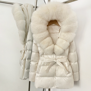 OFTBUY Hiver Femmes Vers Le Bas Manteau Réel Fourrure De Renard À Capuche Vers Le Bas Veste <span class=keywords><strong>Ceinture</strong></span> Lâche Élégant Épais Chaud Casual Down Top À Capuche Out Wears - Product Image 3