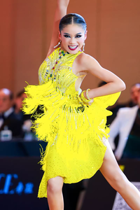 Vestido de Danza Latina Vennystyle para Niñas, Diseño Floral, para Competencia y Práctica, Nuevo, con Borlas Amarillas, Material de Spandex y Algodón, Corte Entallado, para <span class=keywords><strong>Rumba</strong></span> - Product Image 3