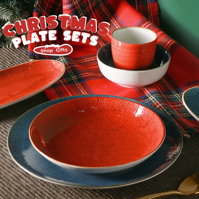 Weiye all'ingrosso su misura di natale di design colorato glassa in gres merenda ceramica piatti di natale Set decorativo cena